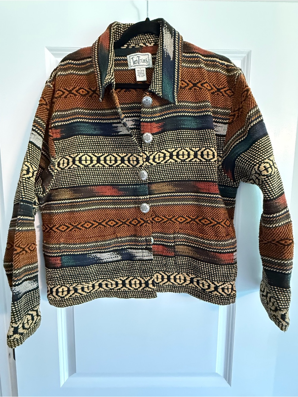 Southwest Aztec Jacket Womens L Boho Western Concho Buttons TanTrums Vintage